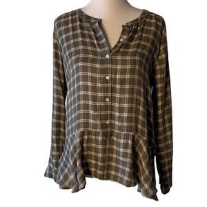 Loft Women’s Long Sleeve Green Check Top size M